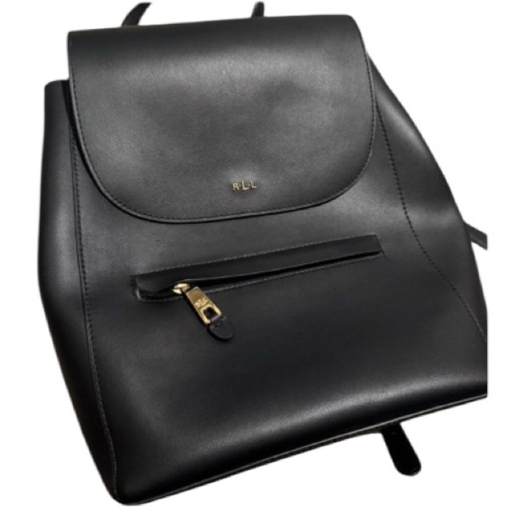 Lauren Ralph Lauren Dryden Black Leather Flap Backpack RLL Gold Logo Black NWOT - Picture 4 of 10